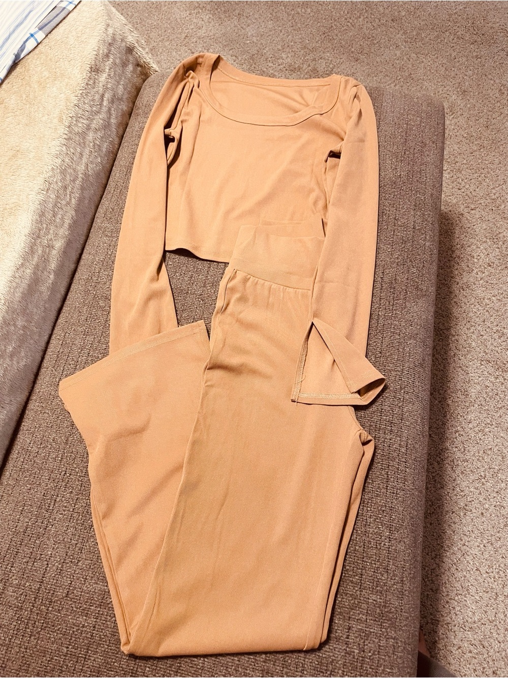Women's Two-Piece Long Sleeve Crop Top & High-Waist Pants Set — Tan/Camel